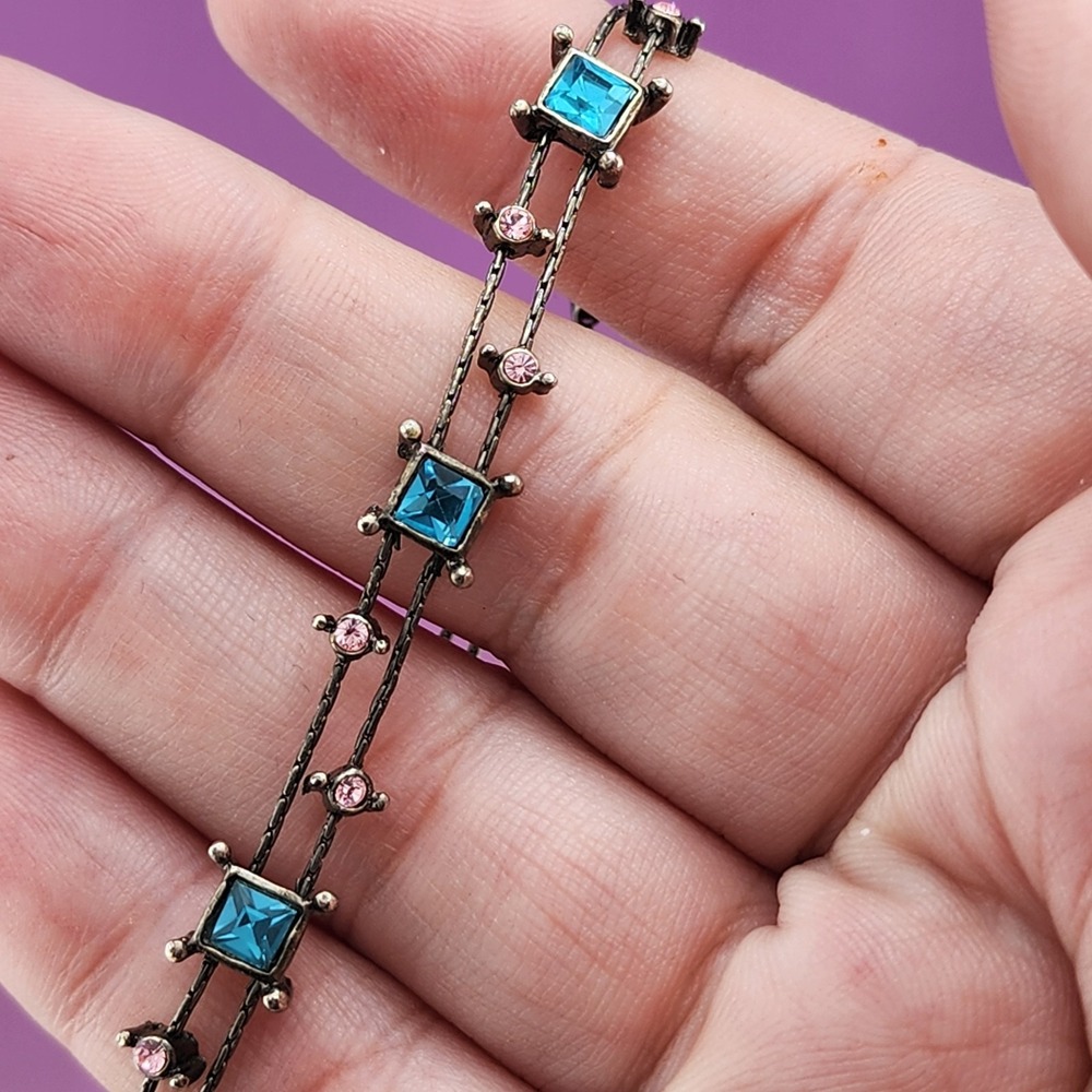 Blue Pink Rhinestone Bracelet Antiqued Silver Tone Double Chain Glam Cocktail